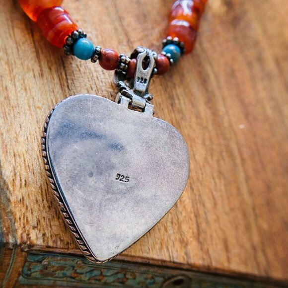 Native American Sterling Inlay Heart Necklace – Kingman Turquoise, Spiny Oyster - Picture 5 of 8